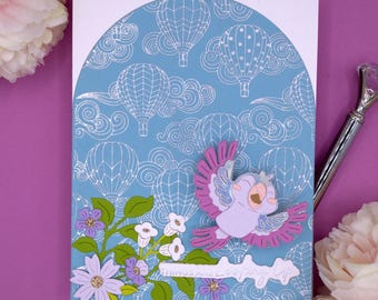 Handmade ‘Things Are Looking Up’ Card with Hot Air Balloons, Flowers & Wobble Bird Mechanism, 0661
