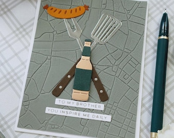 Handmade ‘To My Brother’ Card with BBQ Tools, Sausage & Embossed Map Background, 0663