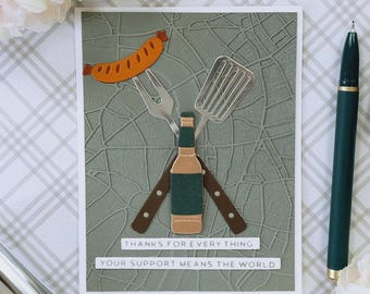 Handmade ‘Thanks for Everything’ Card with BBQ Tools, Sausage & Embossed Map Background, 0668