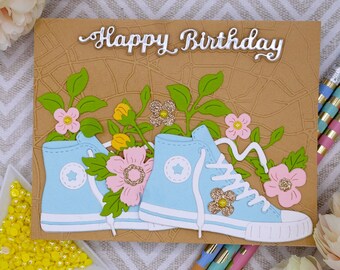 Handmade ‘Happy Birthday’ Card with Blue Sneakers, Floral Accents & Embossed Map Background, 0667