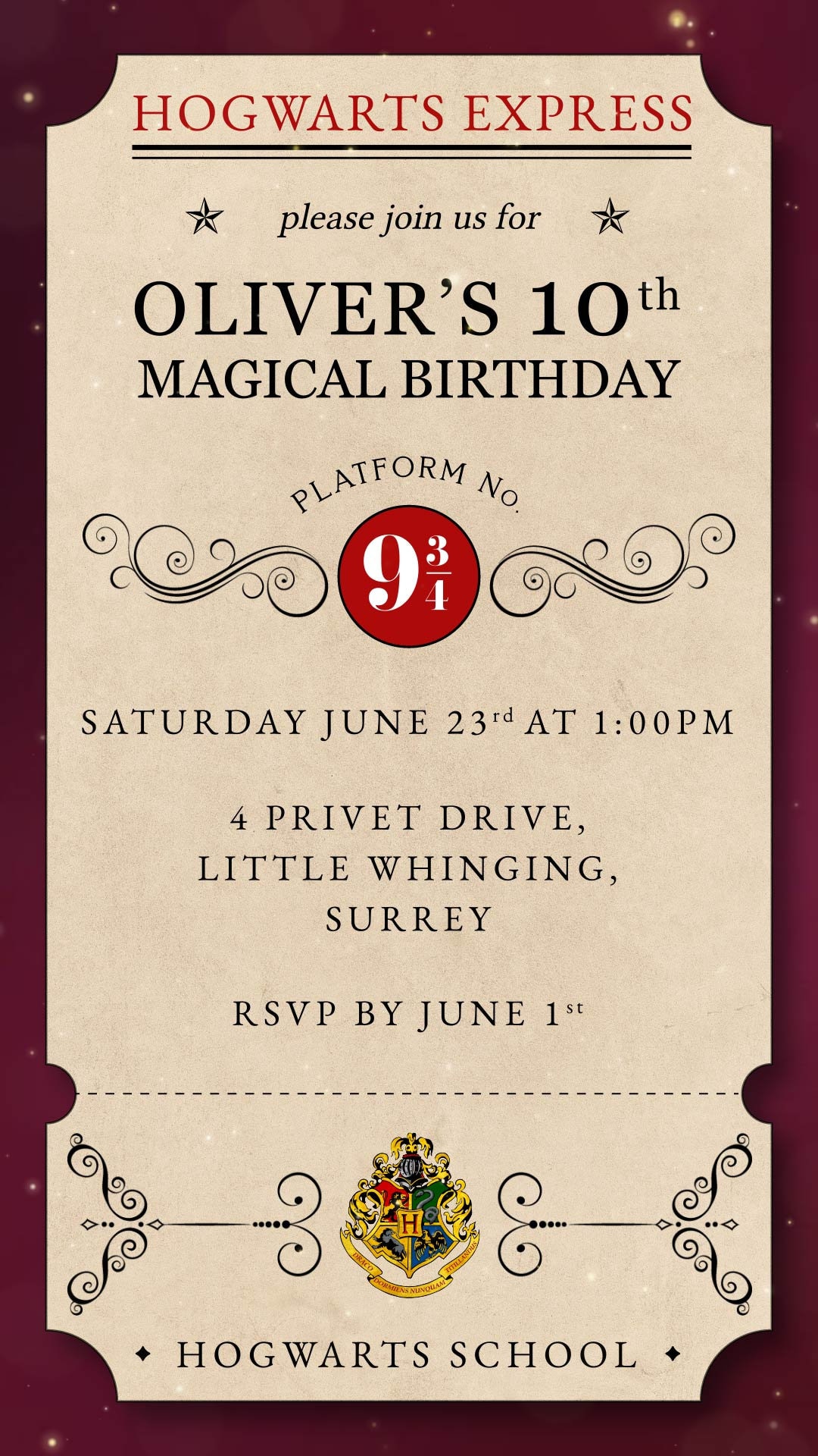 Harry Potter Hogwarts Express Magical Ticket Birthday Invite E Invite ...