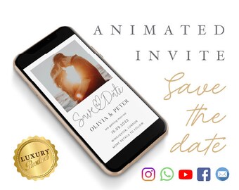 Könnte beinhalten: Eine digitale Save-the-Date-Einladung mit einem Foto eines Paares, das sich umarmt. Der Text lautet "Save the Date Olivia & Peter heiraten am 15.09.2023 Winchester, London Weitere Details folgen".