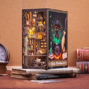 DIY Book Nook Kit, Magic Pharmacist DIY Bookshelf Insert Decor, 3D Puzzle Handmade Gift Miniature House Wooden (with Dust Cover)