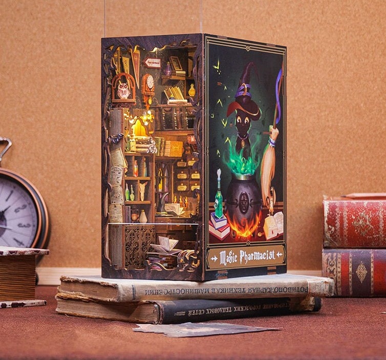DIY Book Nook Kit, Magic Pharmacist DIY Bookshelf Insert Decor, 3D Puzzle  Handmade Gift Miniature House Wooden with Dust Cover 