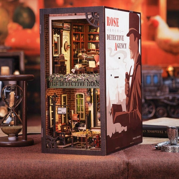 Book Nook Kit,DIY Detective House Booknook,3D Wooden Puzzle Detective  Bookend Decorative Bookshelf,with LED Light Book Nook Miniature Kits for