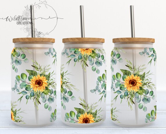 Sunflower Cup / Personalized Glass With Bamboo Lid And Straw