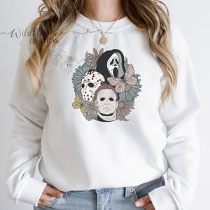 Horror Movie Sweatshirt, Horror Characters, Halloween Sweatshirt, Floral Sweatshirt