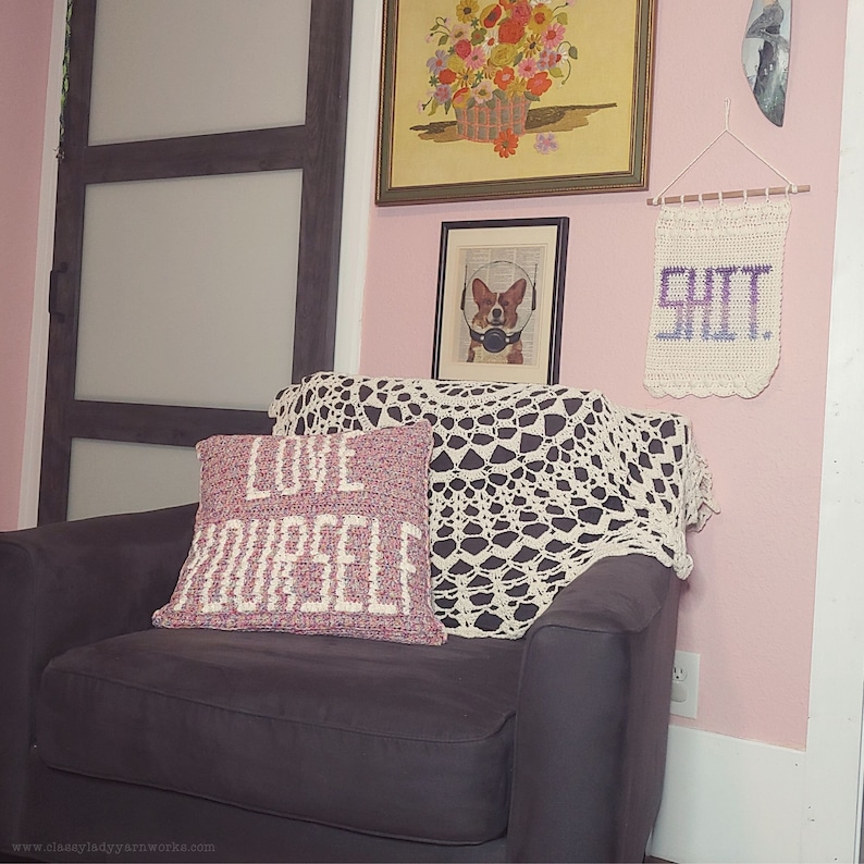 Subversive Crochet Pattern Mood Love Yourself / Go Fck Yourself Reversible Pillow / Cushion / Cheeky image 3