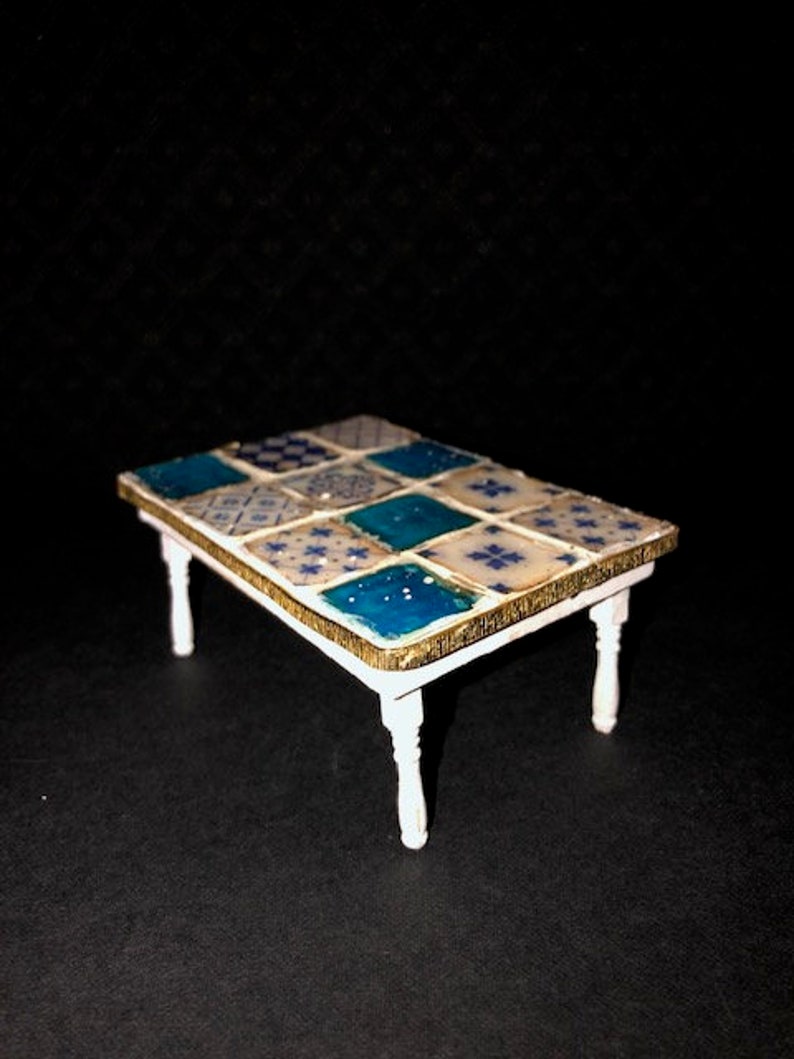 scale 1:12 Handmade Sofa table in white with mosaic top