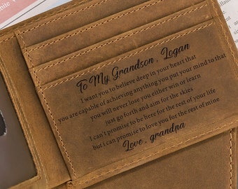 Personalized Grandson Wallet Birthday Gift for Grandson from Grandpa Grandma, Graduation Gift to My Grandson Engraved Leather Wallet for Men