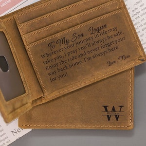 Cartera personalizada para hombre, regalo de Navidad para hijo, regalo de cumpleaños de mamá a mi hijo, cartera, regalo de graduación, cartera de cuero grabada para hombre