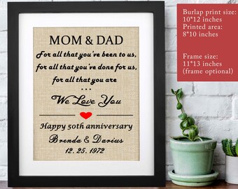 Anniversary Gift for Parents, Personalized 50th Anniversary Gift Burlap Print, Gift for Parents Golden Anniversary, Parents Wedding Gift