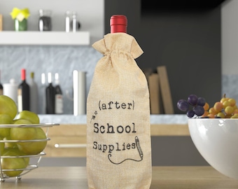 After School Supplies Burlap Wine Bag for Teacher, Teacher Gift, Gift for teacher, Wine Gift Bag, Wine Tote, Holiday Gift, Thank You Gift