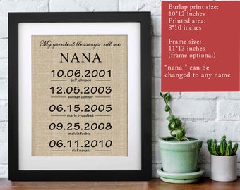 My Greatest Blessings Call Me Nana Burlap Print, Personalized Mothers Day Gift, Gift for Grandma, Nana Gift, Gift for Nana, Grammy, Mom