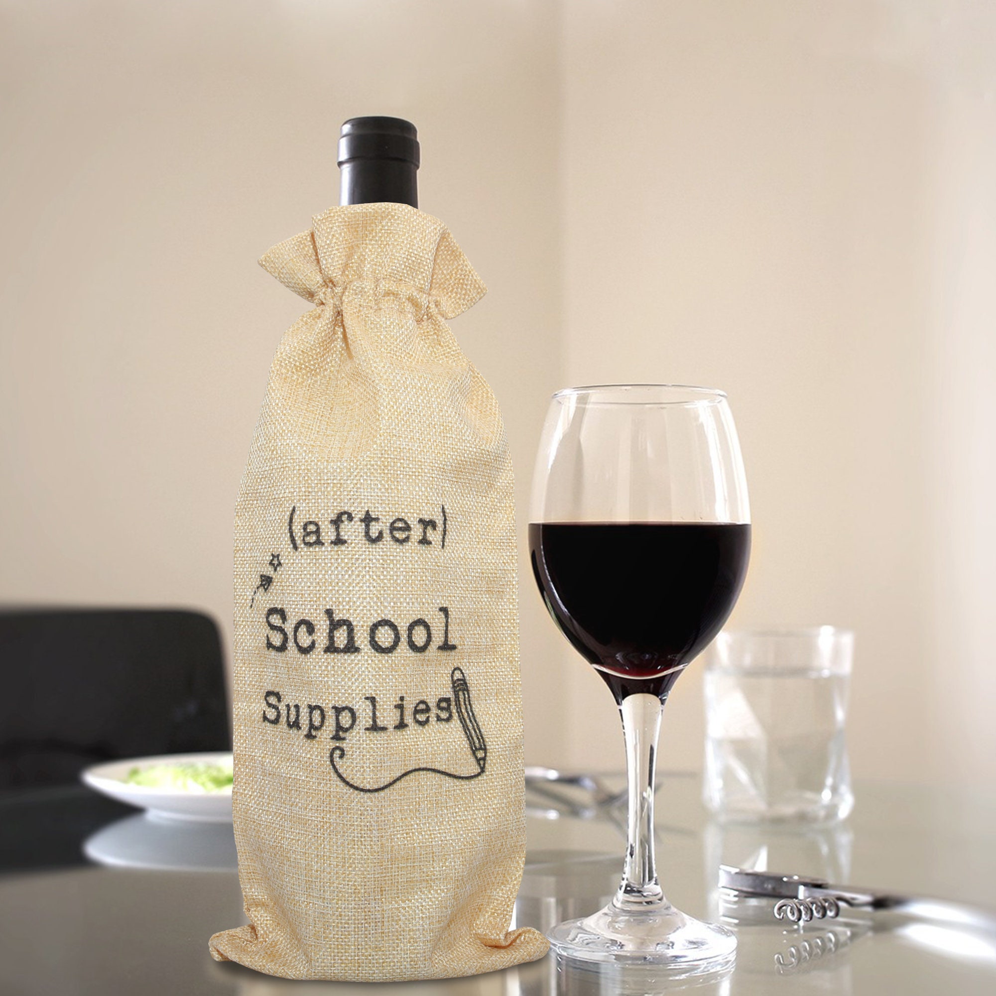 After School Supplies Burlap Wine Bag for Teacher Teacher Etsy