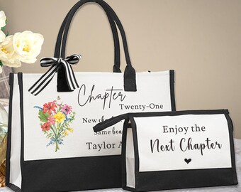 Birthday Gifts for Women - Personalized Tote and Makeup Bag, New Chapter Birthday Gift for Girl Sister Friend Woman
