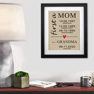 May include: Framed print with the text "MOM" and "GRANDMA", with dates and names below. The print has a burlap-like background, a red heart, and is in a black frame. The print is hanging on a white wall.