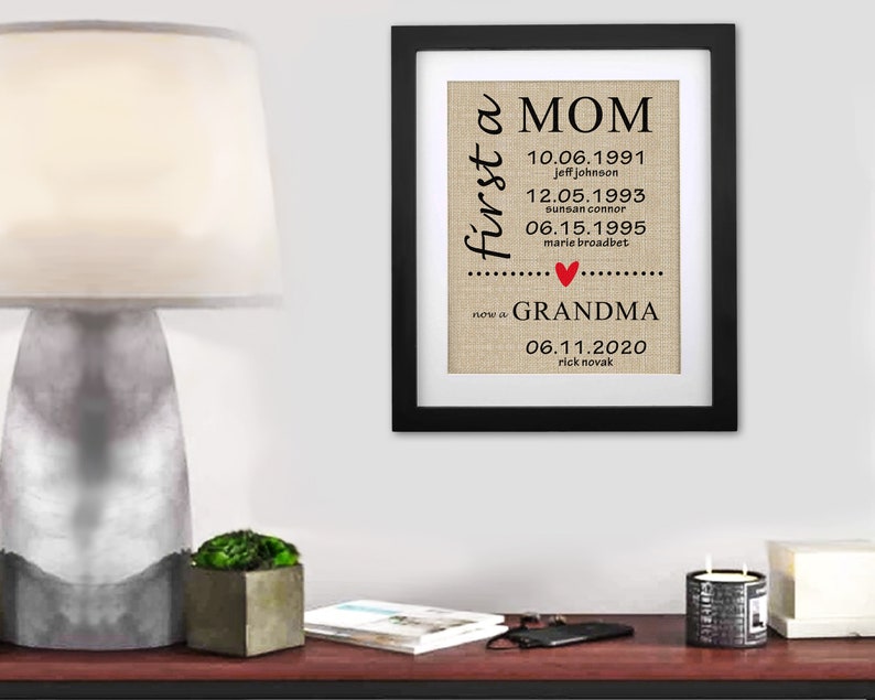 May include: Framed print with the text "MOM" and "GRANDMA", with dates and names below. The print has a burlap-like background, a red heart, and is in a black frame. The print is hanging on a white wall.