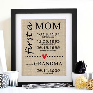 May include: Framed print with the words "first a MOM now a GRANDMA" in black script. The print includes dates and names, with a red heart. The background has a burlap texture, and the frame is black.