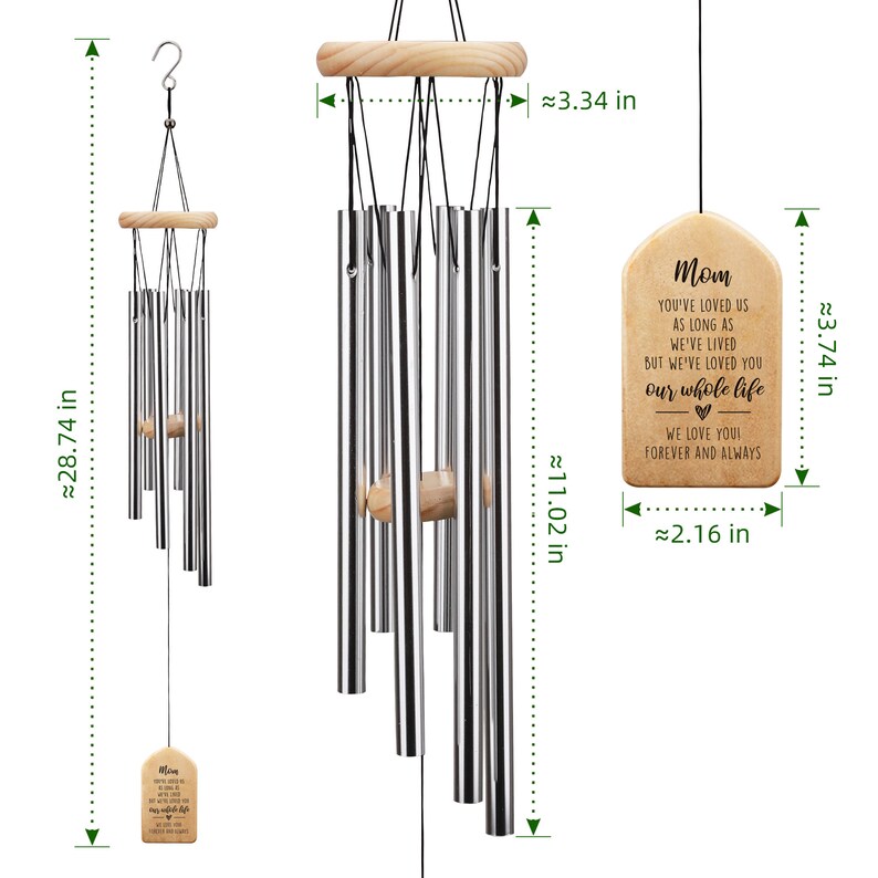 May include: A silver wind chime with a wooden top and a rectangular wooden tag that reads "Mom You've loved us as long as we've lived but we've loved you our whole life We love you forever and always". The chime is approximately 28.74 inches long, 11.02 inches wide, and 3.34 inches in diameter. The tag is approximately 3.74 inches tall and 2.16 inches wide.