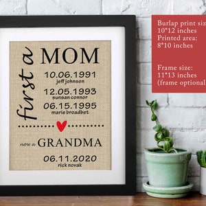 May include: Framed burlap print with black text that reads "first a MOM" and "now a GRANDMA." Dates and names are listed below. A red heart is between the two phrases. The frame is black. The burlap print size is 10x12 inches.