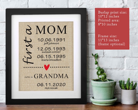 First Mom Now Grandma Sign, Pregnancy Announcement, New Grandma Gift, Personalized Mom and Grandma Burlap Print, First Mothers Day Gift