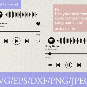 May include: Black and white digital download graphic of a music player with a song title, artist name, and a bar showing the time elapsed and total time. The graphic includes a play button, a pause button, a rewind button, a fast forward button, and a repeat button. The graphic also includes a heart icon and a Spotify logo. The text "Digital Download" is at the top of the graphic. The text "SVG/EPS/DXF/PNG/JPEG" is at the bottom of the graphic. The text "PS Use your own font to custom the time and song name and artist name" is on the right side of the graphic.