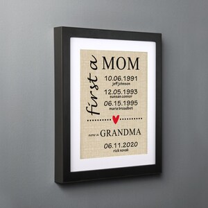 May include: Framed print with the words "first a MOM now a GRANDMA" in black text. The print includes dates and names, with a red heart symbol. The frame is black, and the background is a beige linen texture.