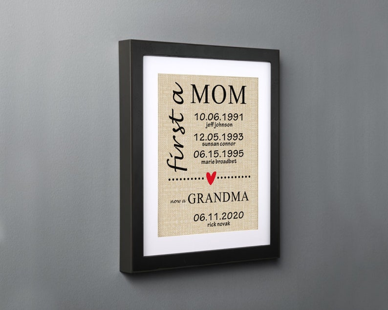 May include: Framed print with the words "first a MOM now a GRANDMA" in black text. The print includes dates and names, with a red heart symbol. The frame is black, and the background is a beige linen texture.