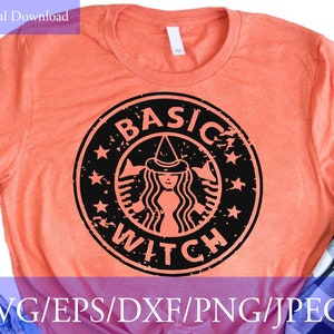 May include: A black and white graphic design of a witch with a witch's hat and a coffee cup with stars around the design. The text "BASIC WITCH" is in a distressed font.