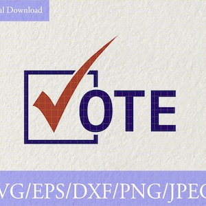 Puede incluir: Una marca de verificación azul en un cuadrado con la palabra "VOTE" en letras azules. La marca de verificación es roja.