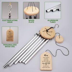 May include: A silver wind chime with a wooden plaque that reads "Mom You've loved us as long as we've lived but we've loved you our whole life We love you forever and always". The chime has a wooden top with a hook for hanging.