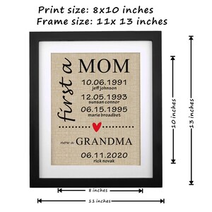 May include: Framed print with a black border. The print, 8x10 inches, features the words "first a MOM" and "now a GRANDMA" in black text. Dates and names are listed below, with a red heart. The frame measures 11x13 inches.