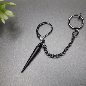 Black mate spike earring with chain and clip on hoop for cartilage spike dangle black earring gothic steampunk earring acrylic spike for