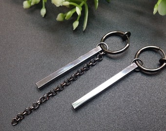 One gunmetal clip-on earring, gunmetal clip-on dangle, gunmetal clip-on men, gunmetal stick clip-on, non pierced, for men, men stick clip-on