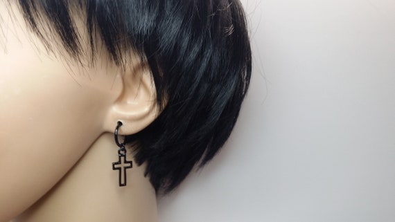 ★SENTIMENTS★ NO.474 [BLACK] KONT CROSS EARRING Asymmetric Cross Earrings Men Women 925 Sterling Silver Stud