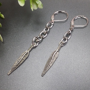 Silver feather earring long feather earring feather dangle chain feather dangle men feather symbol amulet earring talisman men men gift for