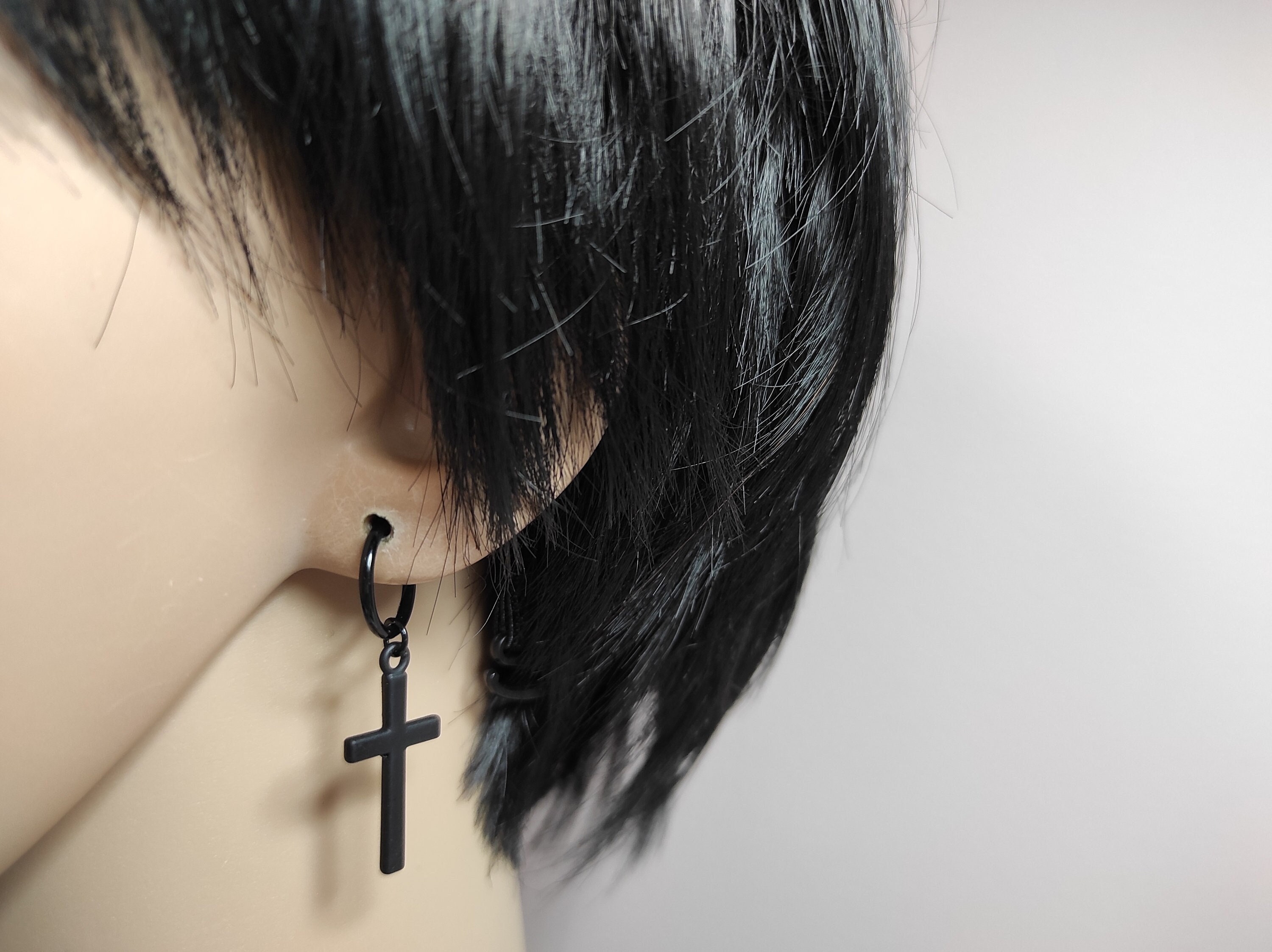 Upside Down Cross Acrylic Single Earring- Black