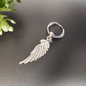One silver angel wing hoop angel wing earring symbol wing hoop angel wing gift  men wing hoop unisex hoop amulet wing hoop wing for men