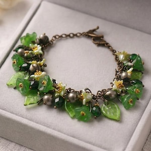 Grey Swarovski Pearl Bracelet, Green Glass Leaves, Floral Charms, Botanical Statement Piece