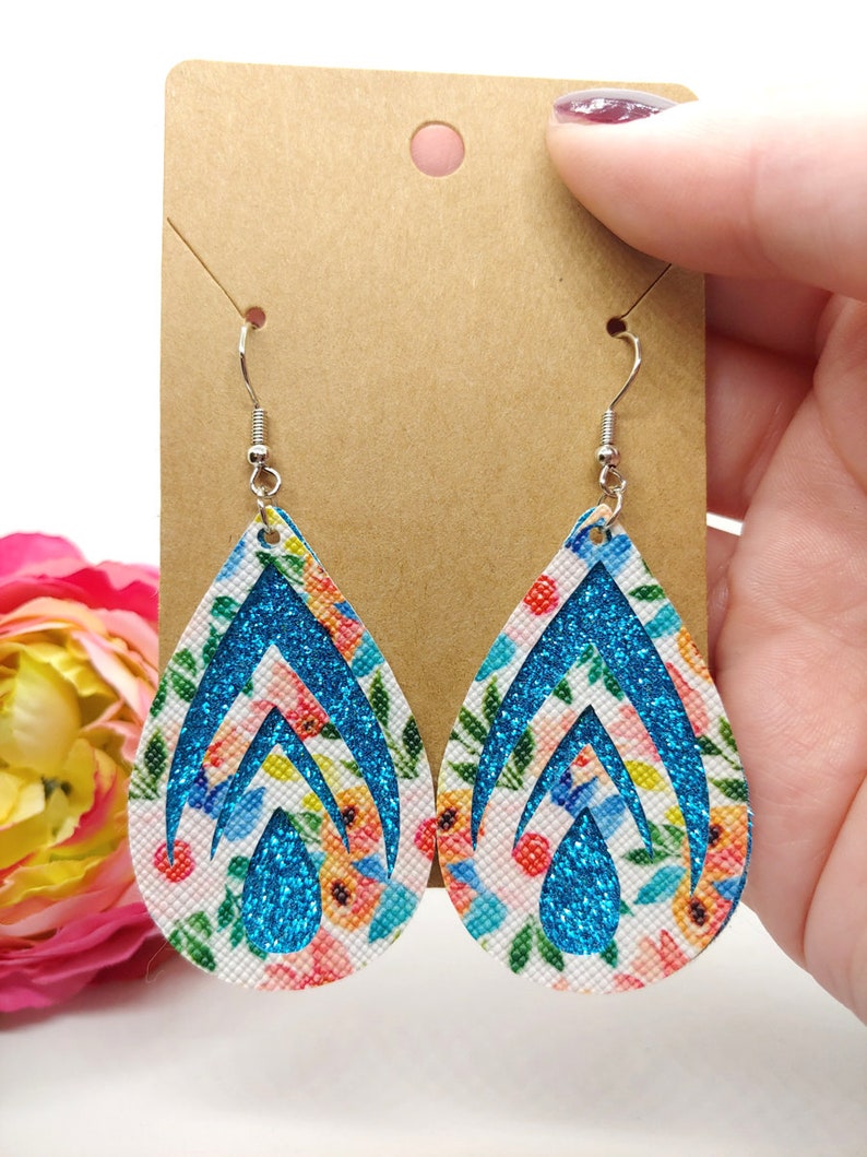 002 Pink blue and green floral faux leather design with bright blue glitter Tear Drop Earrings Spring faux leather earrings