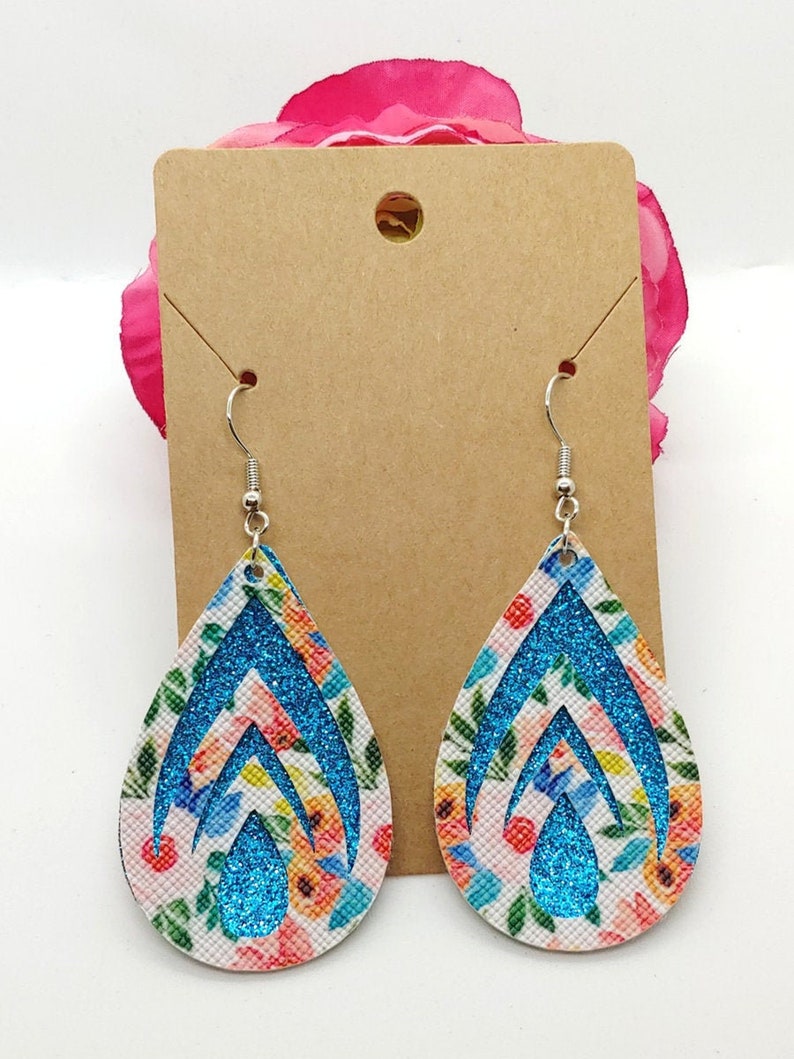 002 Pink blue and green floral faux leather design with bright blue glitter Tear Drop Earrings Spring faux leather earrings