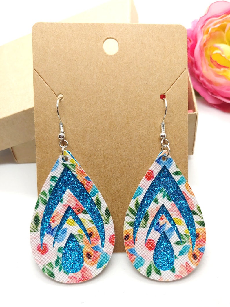 002 Pink blue and green floral faux leather design with bright blue glitter Tear Drop Earrings Spring faux leather earrings