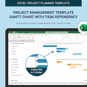 Gantt Chart with Dependency Links - Microsoft Excel Template - Project Planner Spreadsheet - Macro Enabled Template - Create Gantt chart with links between tasks quickly and easily.