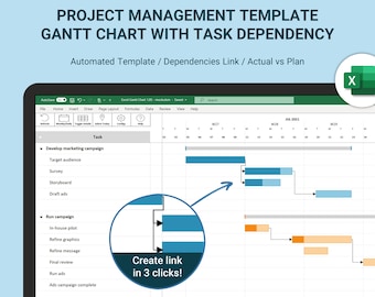 Project Management Gantt Chart Excel Template with Task Dependency, Awesome Excel Spreadsheet Template, Project Planner, Project Tracker