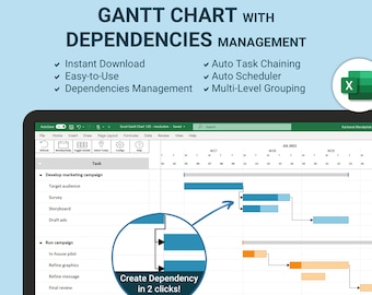 Project Management Automated Gantt Chart Excel Template: Project Planner with Dependencies Tracker (Digital Download)