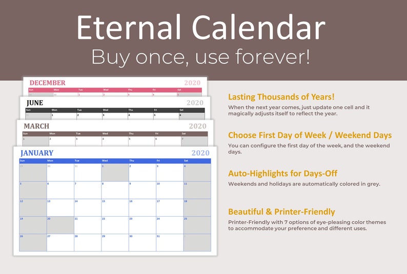 Eternal Stylish Monthly Calendar 20219999 Excel Template Etsy