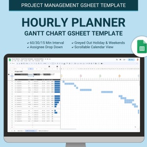 Puede incluir: Un monitor de ordenador muestra una plantilla de gestión de proyectos. La pantalla muestra un diagrama de Gantt con un intervalo de 60/30/15 min, un menú desplegable de asignación y una vista de calendario desplazable. El texto superior dice "PROJECT MANAGEMENT GSHEET TEMPLATE" y "HOURLY PLANNER GANTT CHART GSHEET TEMPLATE."