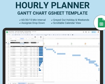 Modèle de feuille Google de diagramme de Gantt de planificateur horaire, modèle de feuille de calcul GSheet de gestion de projet, programme quotidien par heure