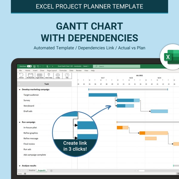 Gantt Diagramm mit Aufgabe Abhängigkeiten | Fantastische und schöne Excel-Vorlage | Projektplaner